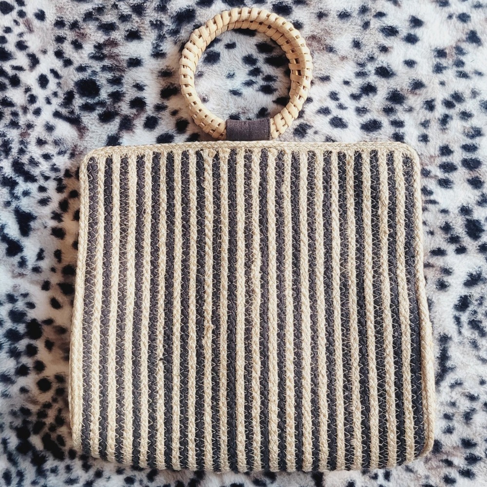 America & Beyond Jute Cotton Striped Tote Bag Rattan Circle Handle Boho Handbag